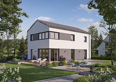 Moderne weiße zweigeschossige Hausfassade mit großer Terrasse und Garten