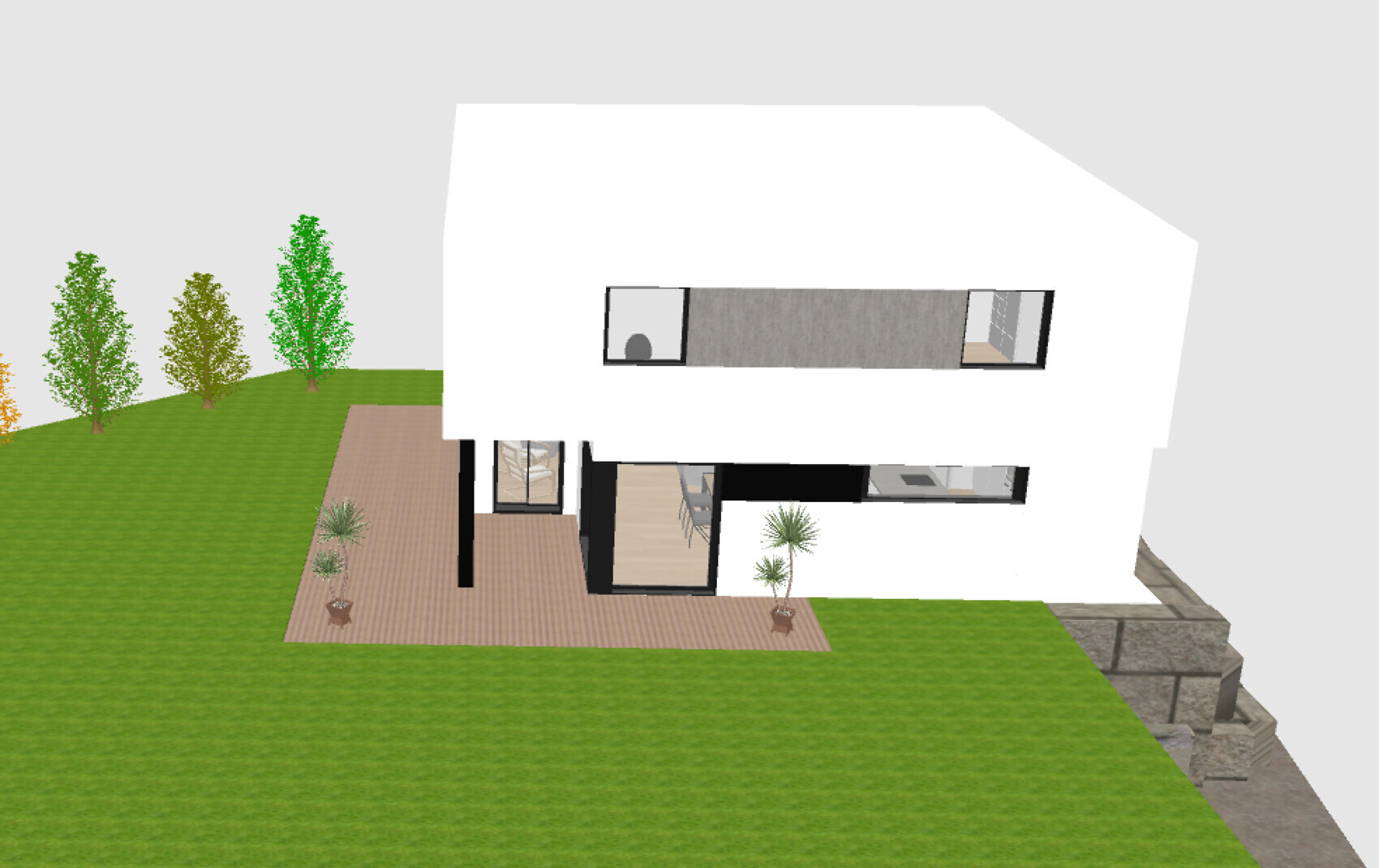 Modernes weißes zweigeschossiges Haus mit großer Holzterrasse, grünem Garten und Bäumen.