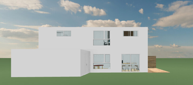 Moderne weiße zweigeschossige Villa mit großen Fenstern, Terrasse und Holzdeck.