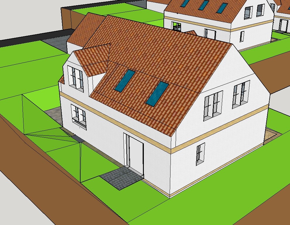 Weiße Einfamilienhaus mit rotem Ziegeldach, Dachfenstern und grünem Garten.