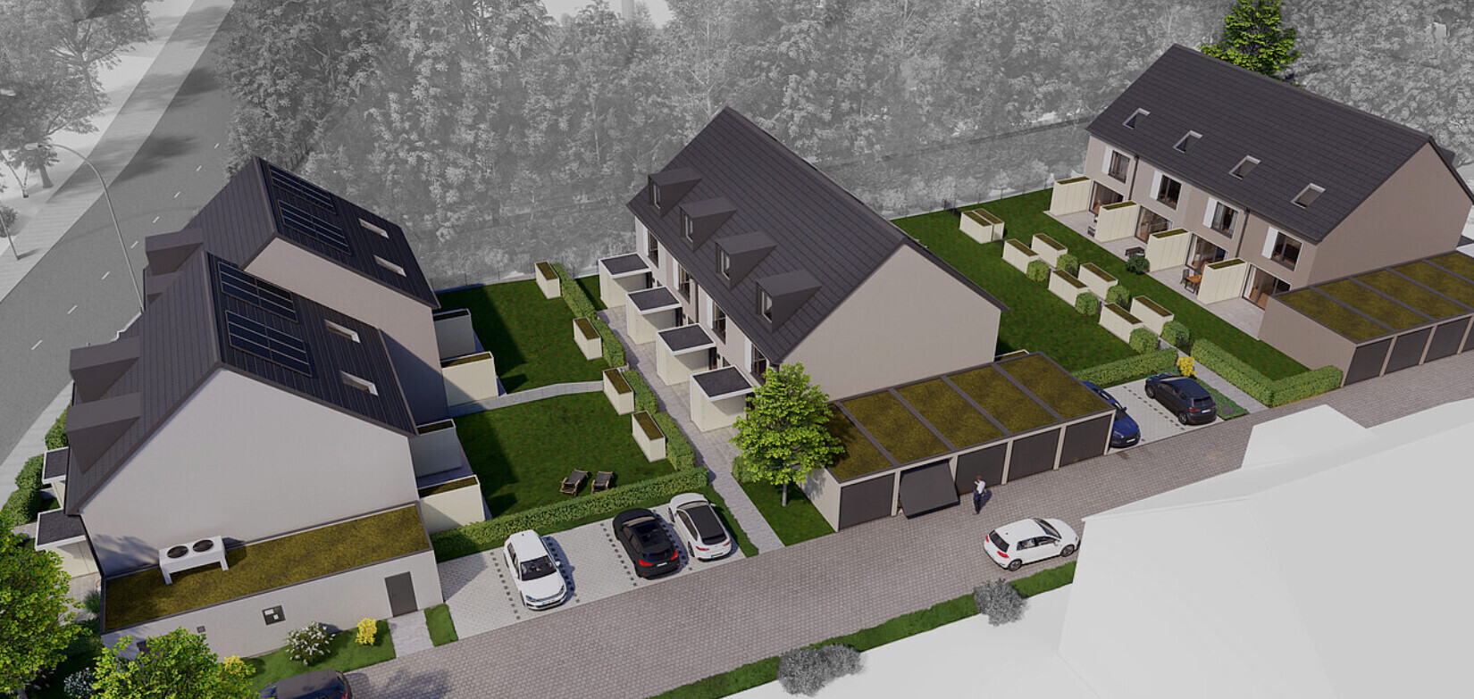 3D-Rendering einer modernen Wohnanlage mit mehreren Reihenhäusern, Grünflächen und Parkplätzen.
