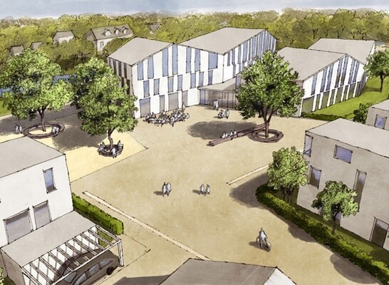 Skizzenhafte Campus-Szene mit gestreiften Gebäuden, Bäumen und zentralem Platz.