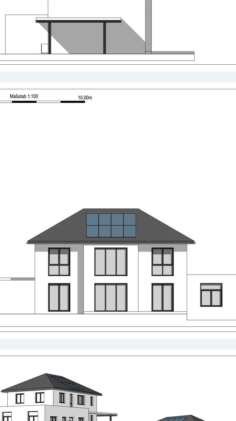 Moderne Einfamilienhaus-Entwurf: Frontansicht mit großen Fenstern und Solarpanelen.
