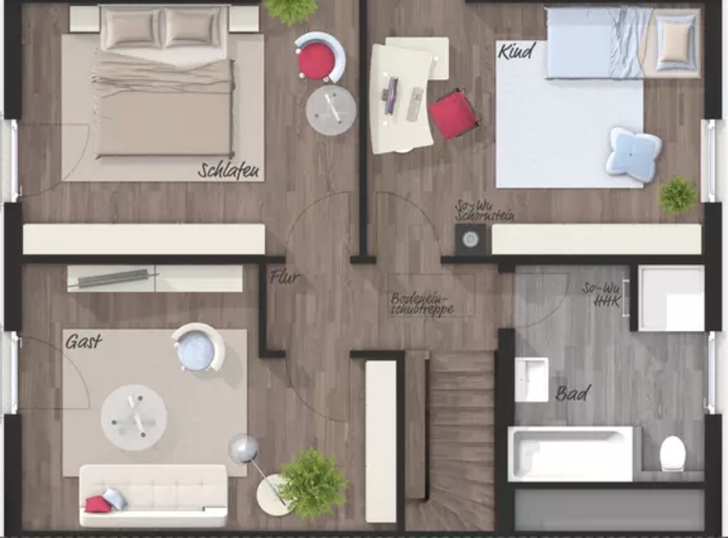 Grundriss einer Wohnung: Schlafzimmer, Gästezimmer, Kinderzimmer, Bad, Flur, Treppe.