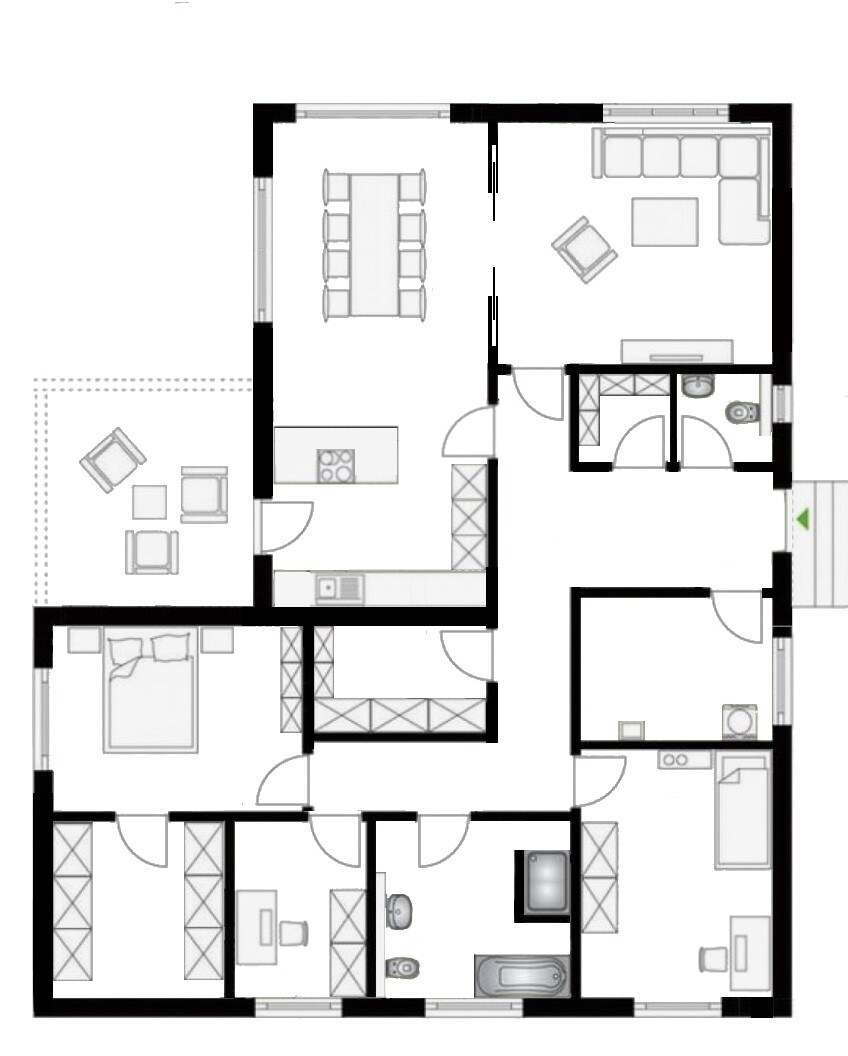 Grundriss einer Wohnung: Küche, Essbereich, Wohnzimmer, Schlafzimmer, Bad, Terrasse.
