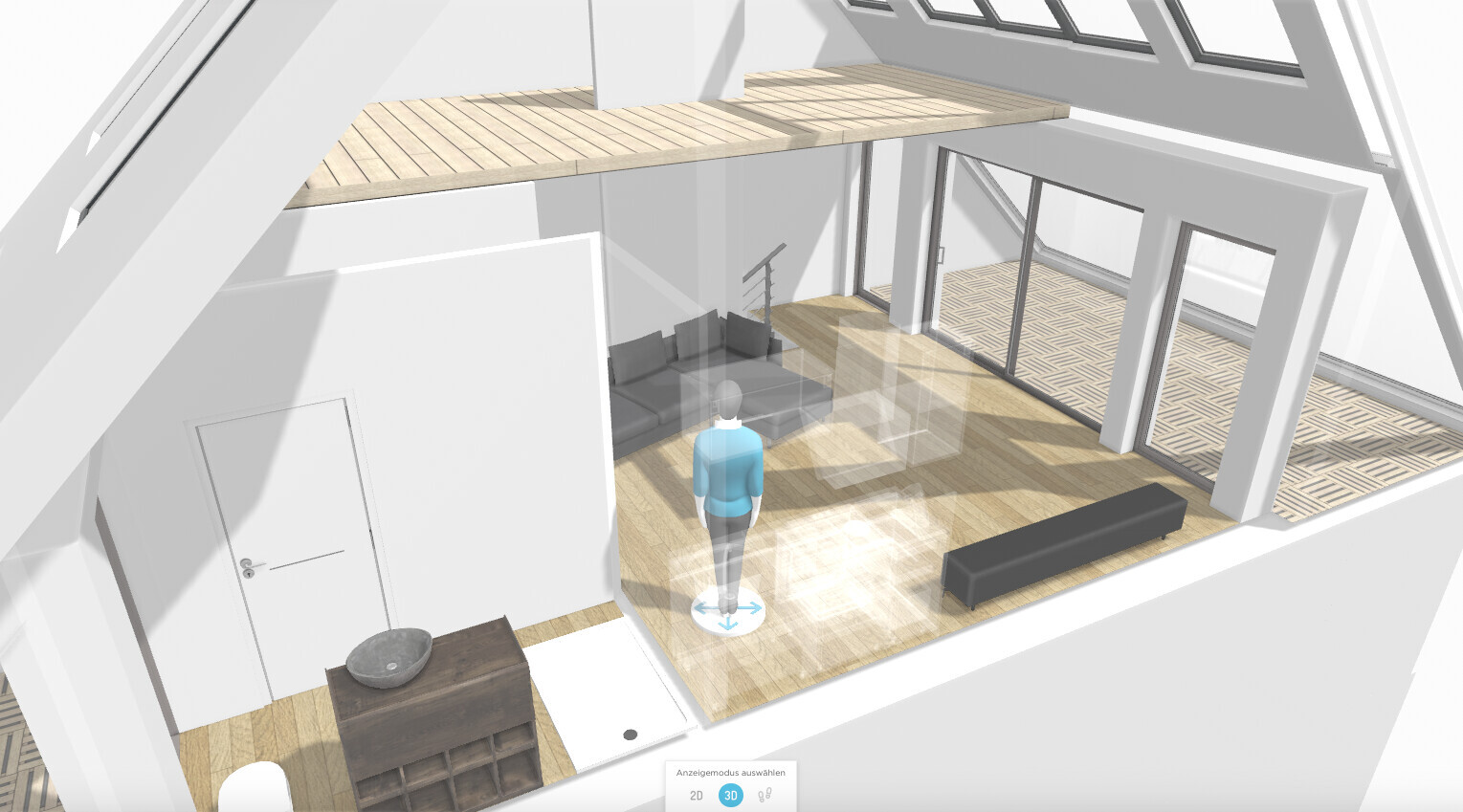 3D-Rendering eines offenen Wohnraums mit Sofa, Glasfronten, Terrassentüren und Avatar.