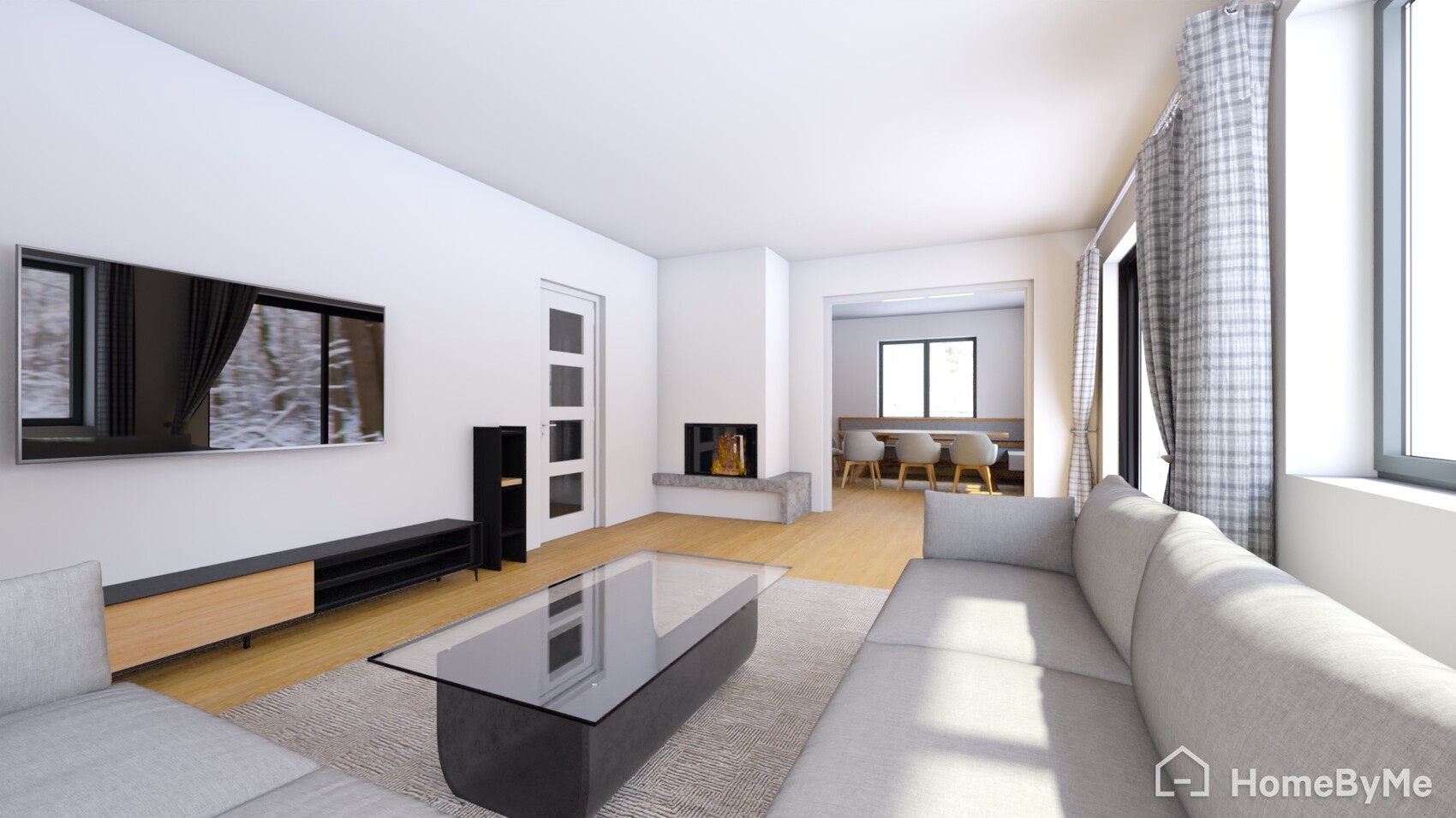 Modernes Wohnzimmer mit Sofa, Glastisch, Kamin, TV und Essbereich am Fenster.