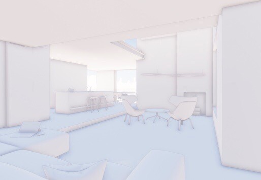 Helles modernes Wohnzimmer-Rendering mit Lounge-Sessel, Couchtisch und offener Küche.