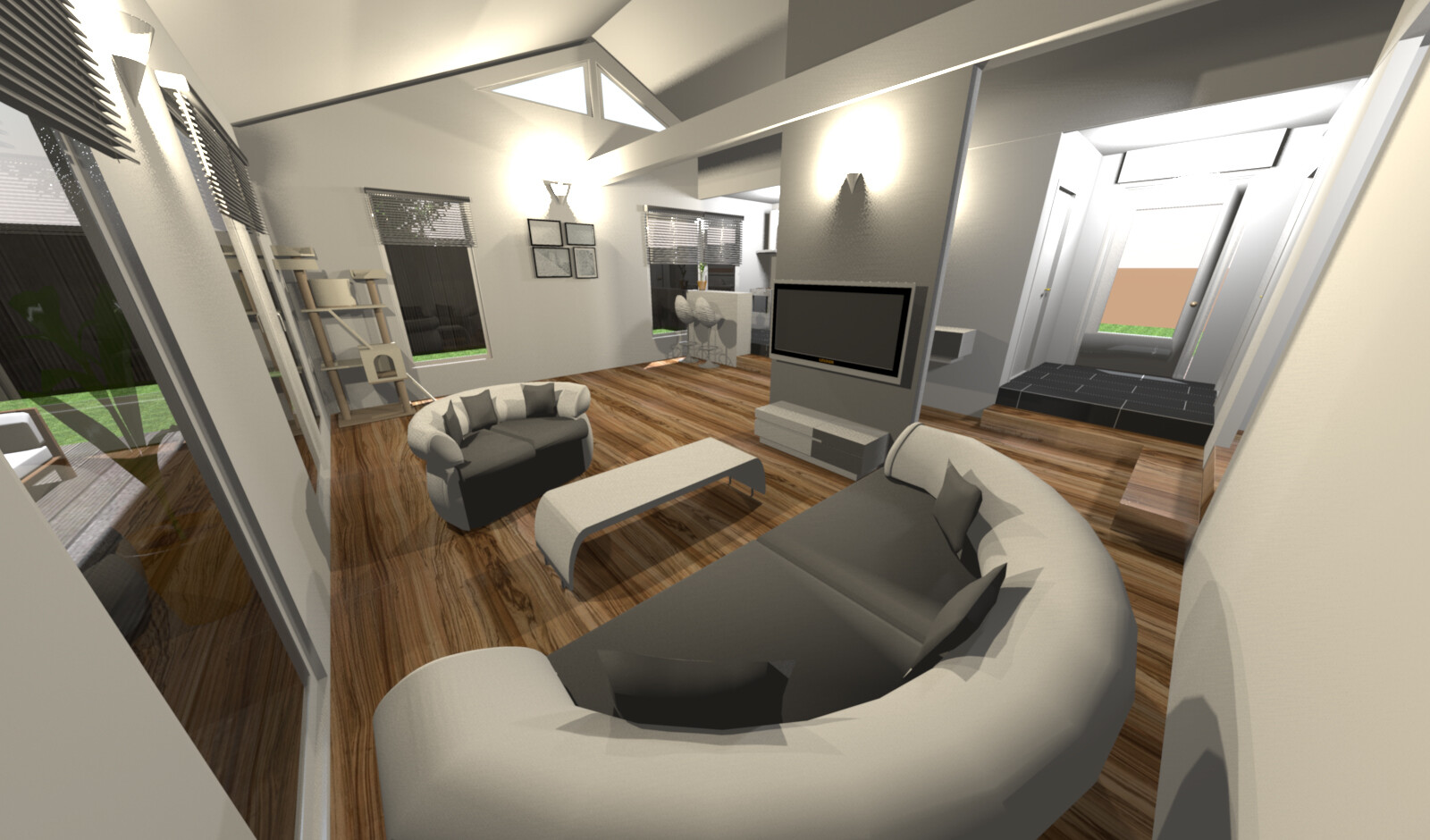 Helles, modernes Wohnzimmer mit geschwungenem Sofa, Sessel, Couchtisch, TV-Wand und Holzboden.