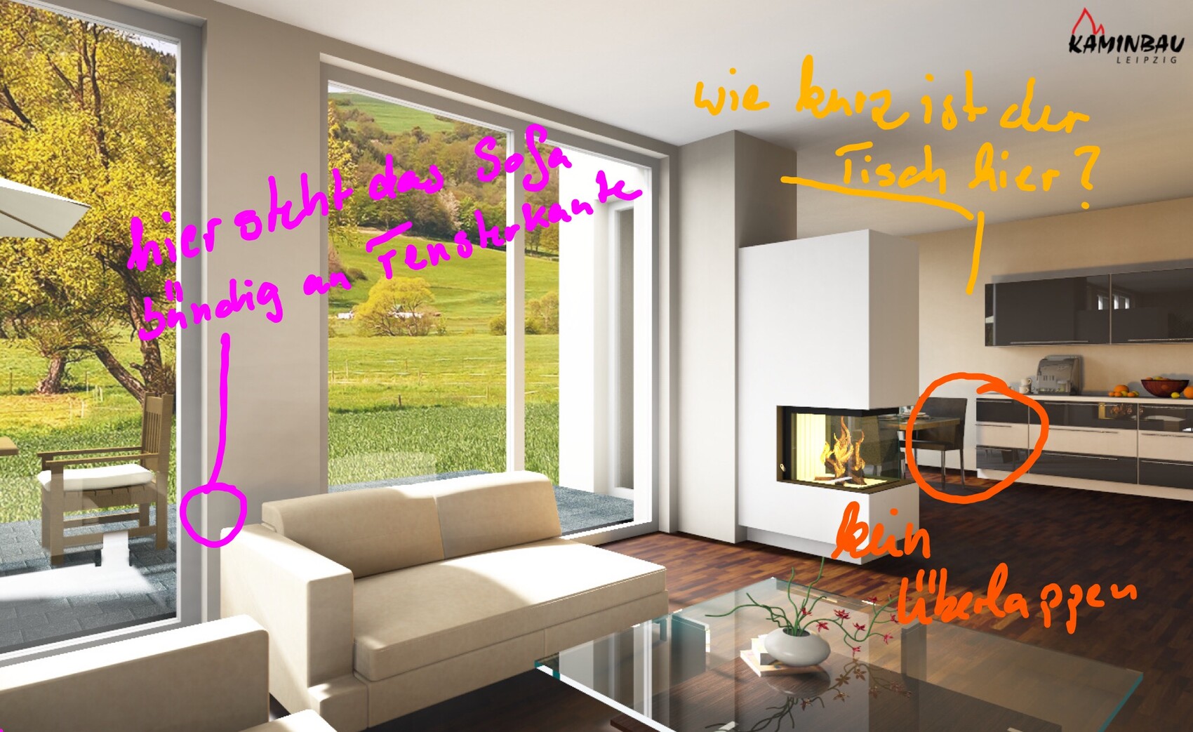 Modernes Wohnzimmer mit Kamin, Sofa, Glas-Tisch und offener Küche, große Fenster mit Blick ins Grün.