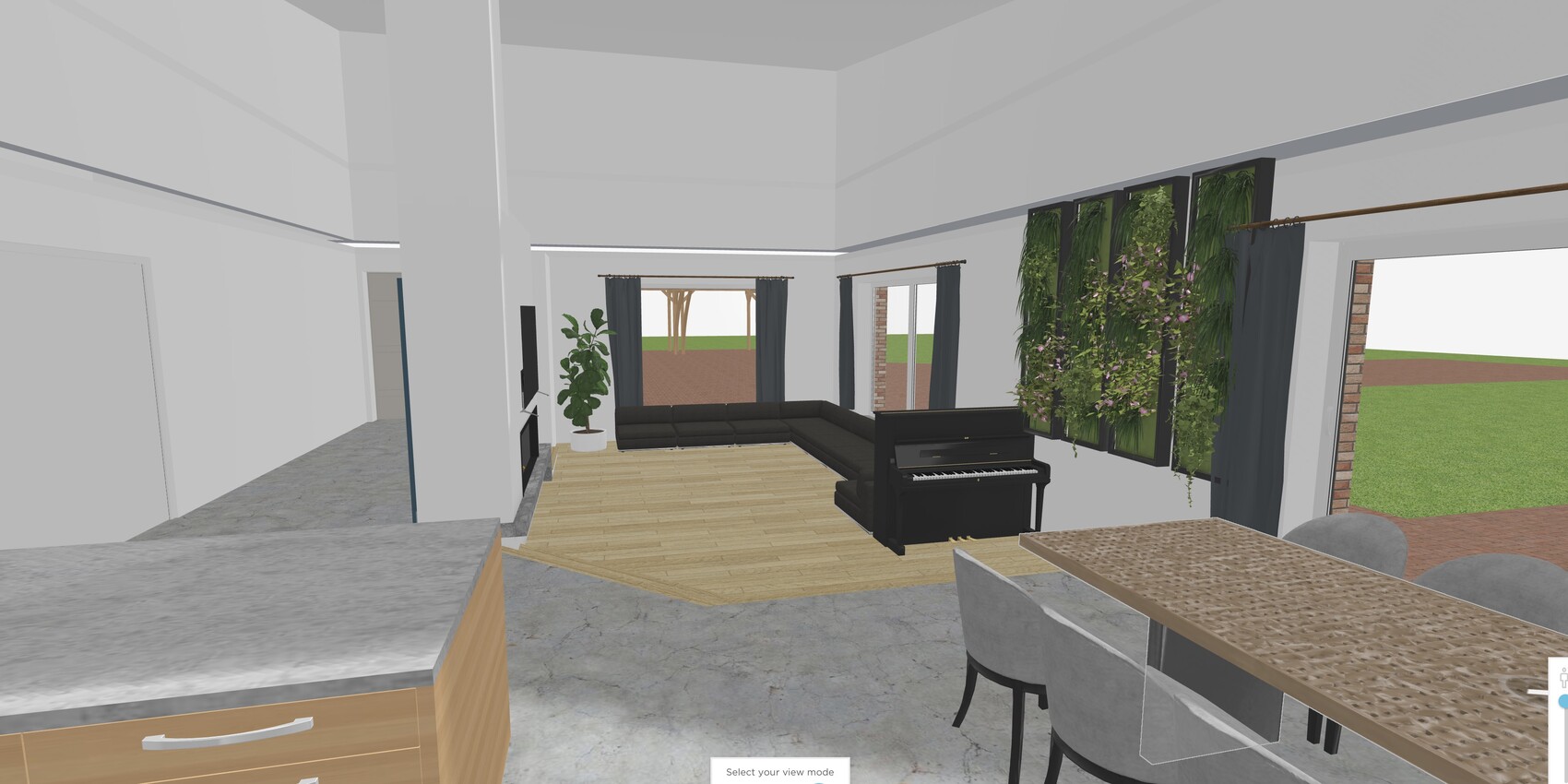 Großzügiges Wohnzimmer mit schwarzem Sofa, Klavier, Esstisch, Grünpflanzen und Fenster zum Garten