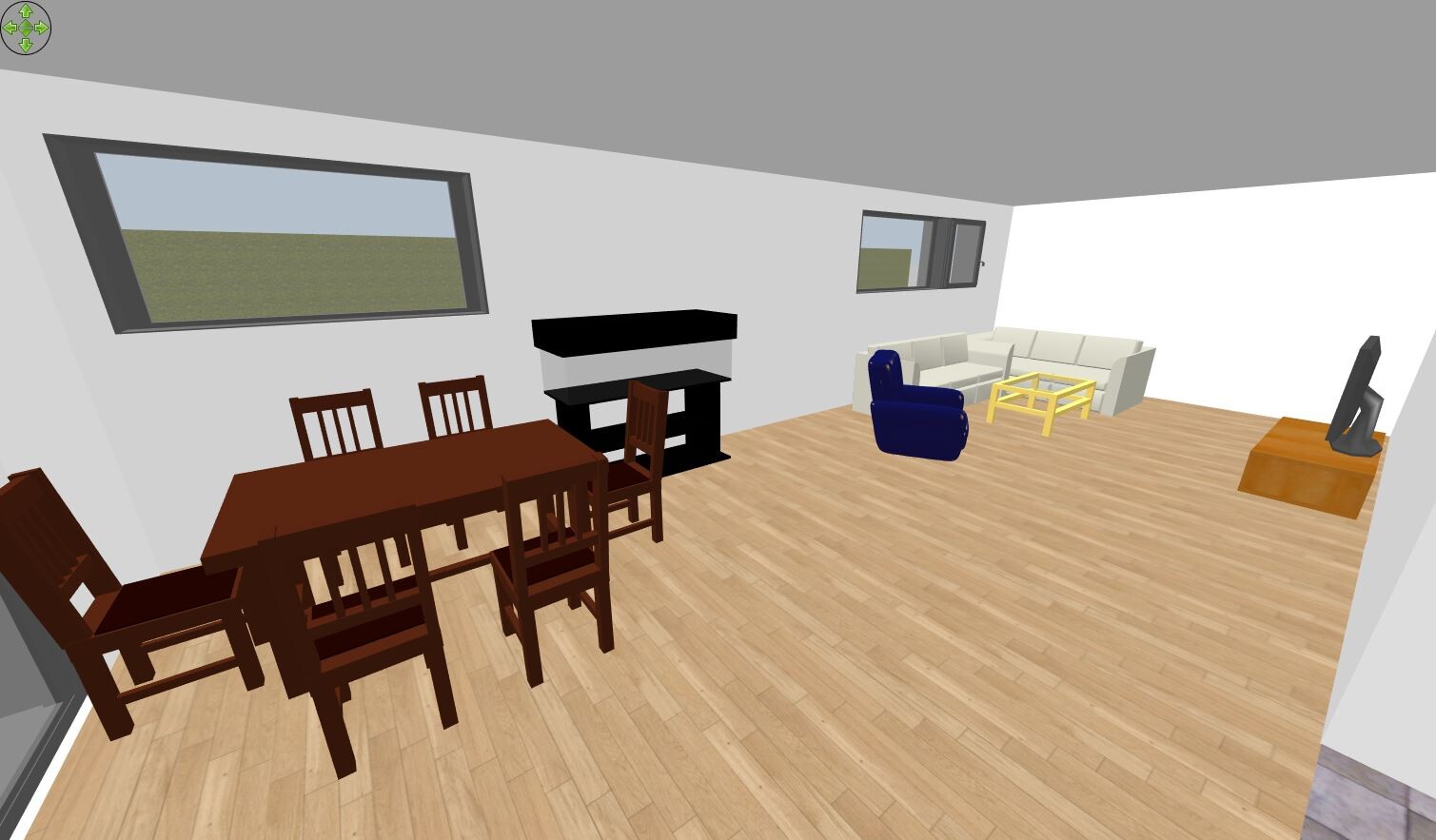 Großes Wohnzimmer mit Esstisch und Stühlen links, Kamin, Sofa, blauer Sessel, TV.