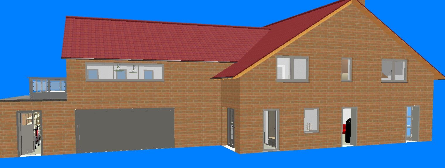 Zweistöckiges Backsteinhaus mit rotem Dach, großer Garage links und Balkon.