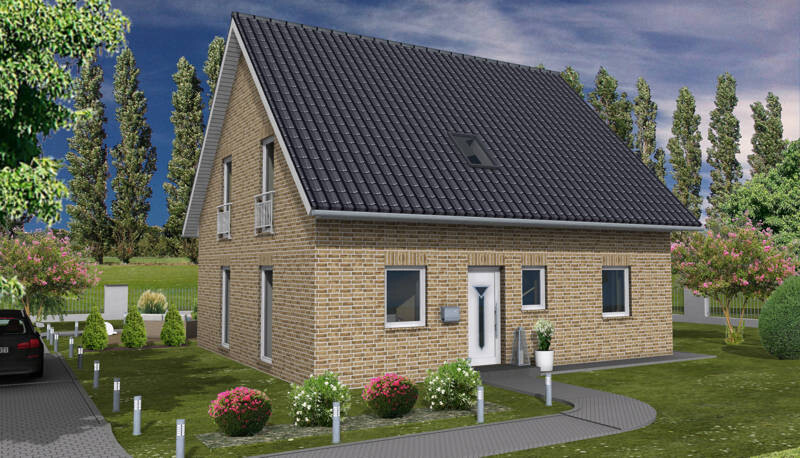 Backstein-Einfamilienhaus mit dunklem Satteldach, kleinem Vorgarten, Gehweg zur Tür und Parkplatz links.