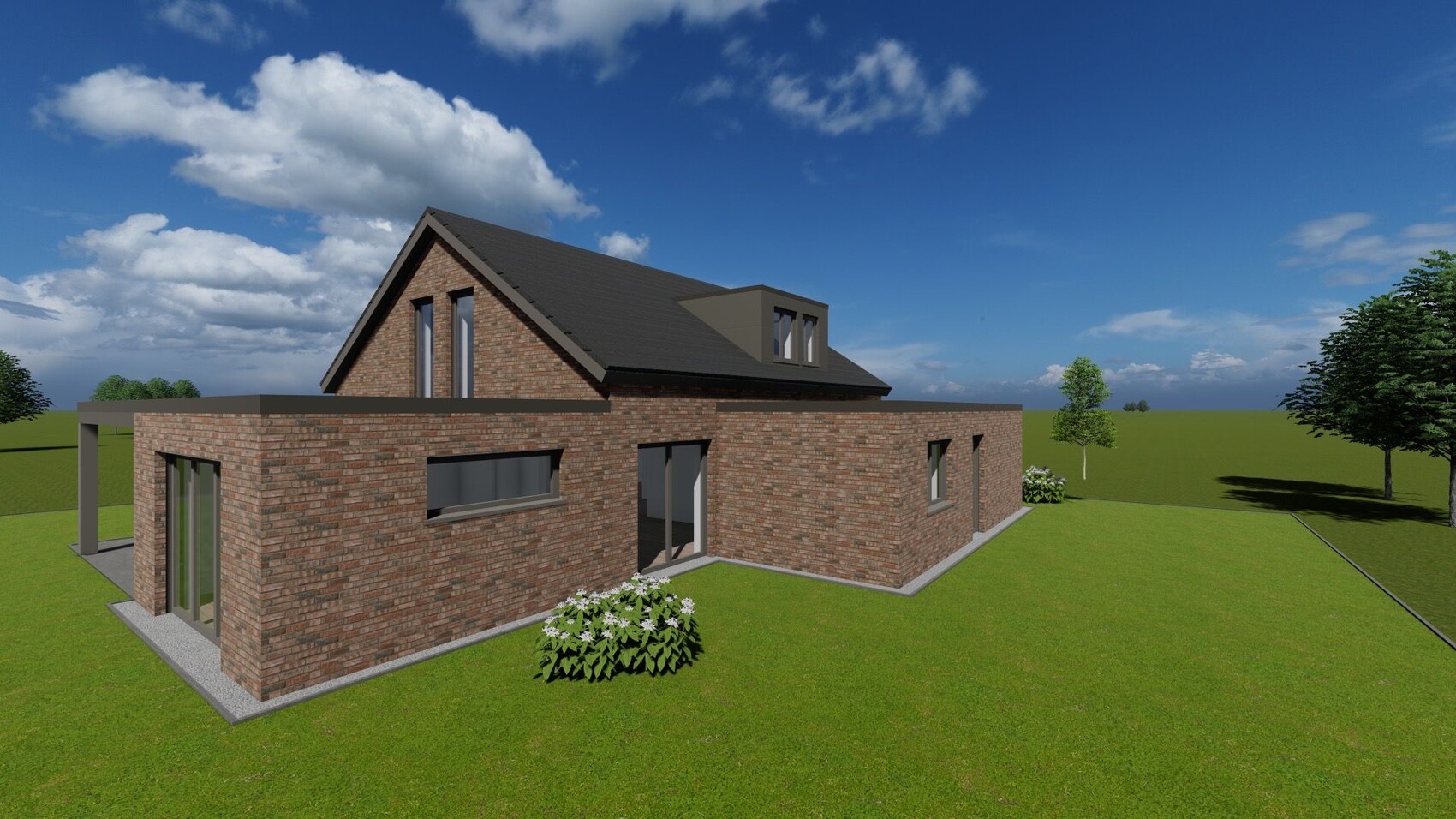 Moderne Ziegelhaus-3D-Render mit Anbau, Flachdach und Gartenfläche
