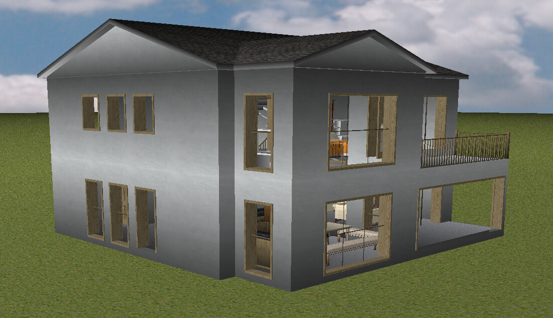 2-stöckiges graues Hausmodell mit vielen Fensterfronten, Balkon und Terrasse