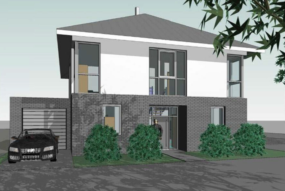 Moderne zweistöckige Villa mit grauer Backsteinbasis, weißen Obergeschossen, Garage, Auto.