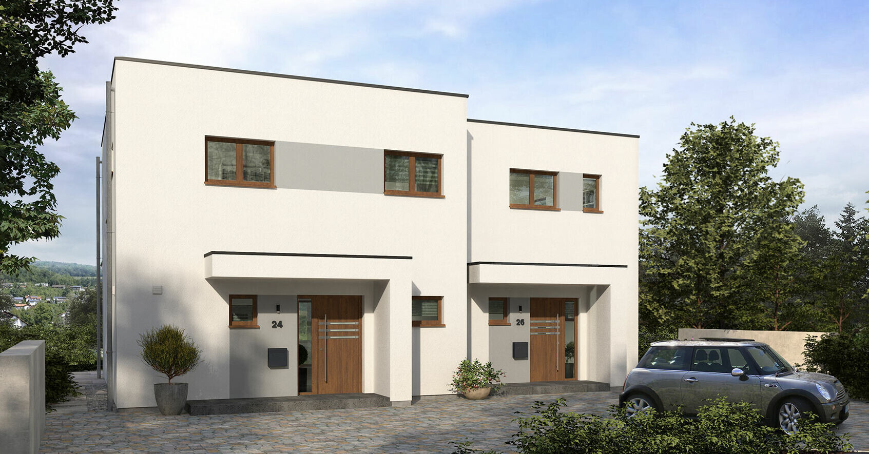 Moderne weiße Doppelhaushälfte mit zwei Eingängen, Holztüren und geparktes Auto im Vordergrund