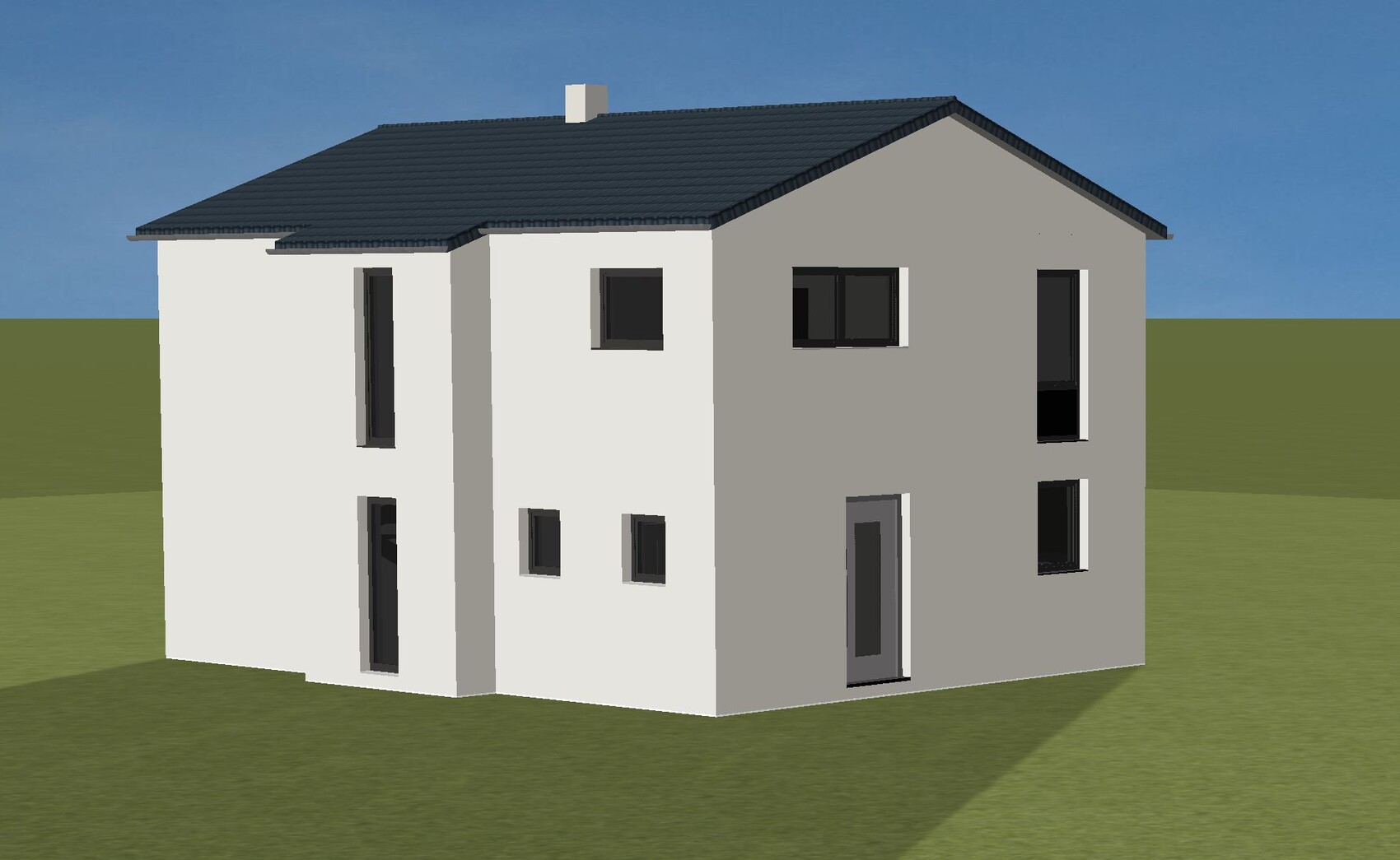 Modernes zweigeteiltes Haus, weiße und graue Fassade, dunkles Ziegeldach, grüner Hof