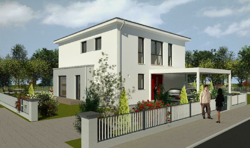 Moderne weiße zweigeschossige Villa mit Carport, Garten, Zaun und zwei Personen davor.