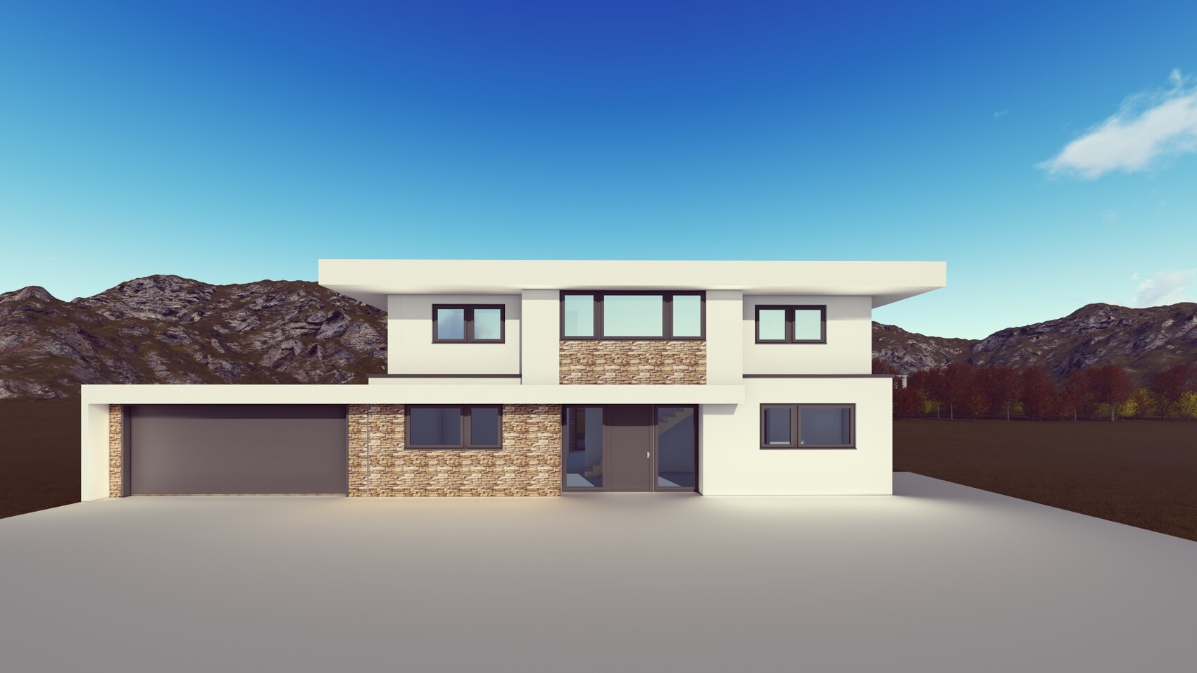 Modernes zweistöckiges Haus mit Steinverkleidung, Flachdach, Garage links; Berglandschaft dahinter.