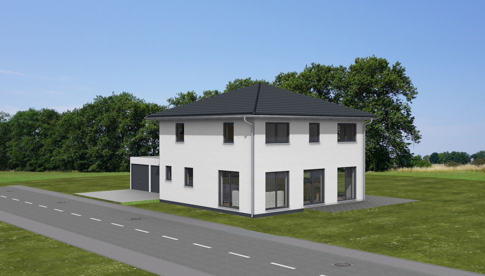 Zweistöckiges modernes Einfamilienhaus mit dunklem Satteldach, großen Fenstern und Garage