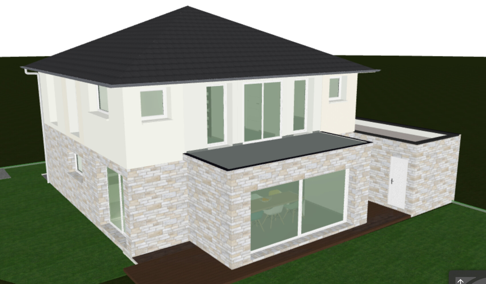 Moderne zweistöckige Villa mit Steinfassade, großen Glasfronten und Terrasse.