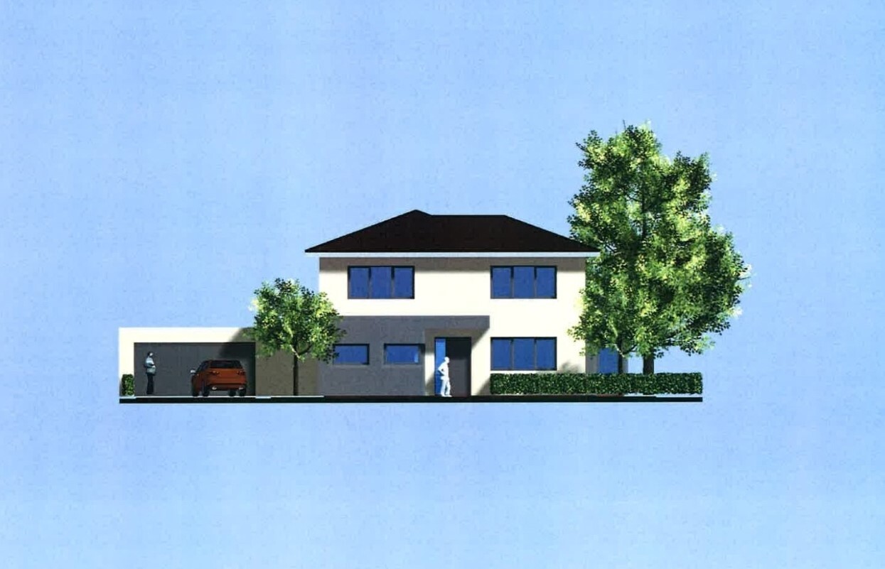 Moderne zweigeschossige Villa mit Garage, Auto, Bäumen und Hecke im Vorgarten