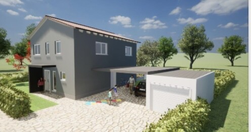 Moderne zweigeschossige Hausansicht mit Garage, Einfahrt und Bäumen im Vorgarten (3D-Render)