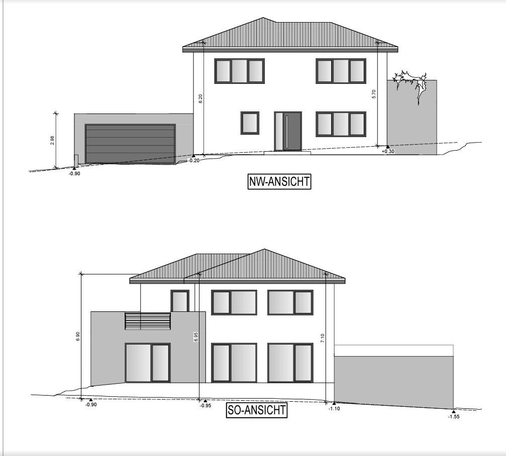 NW- und SO-Ansicht eines zweistöckigen Hauses mit Garage und Dachaufbau