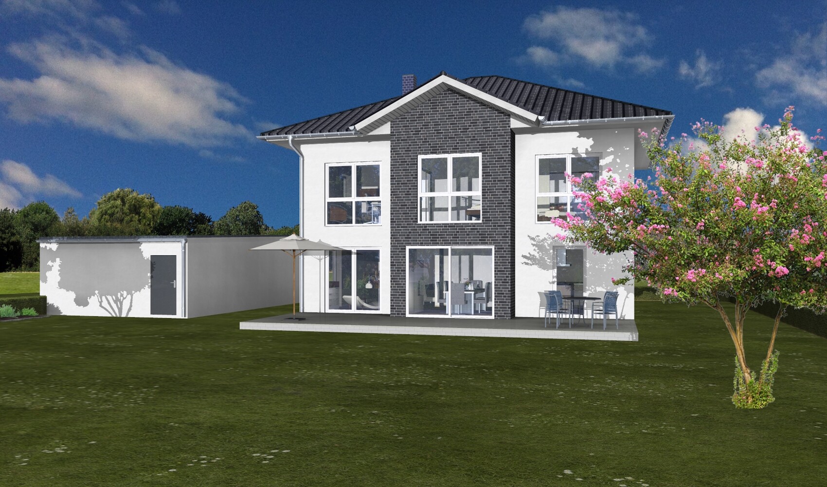 Modernes zweistöckiges Haus mit zentralem Backsteinabschnitt, großen Glasfronten und Terrasse.