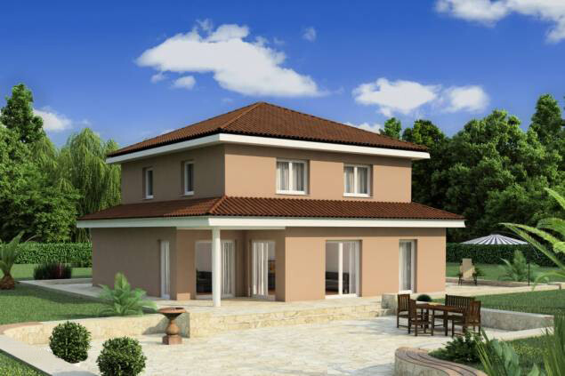 Zweistöckiges, beige-farbenes Haus mit rotem Ziegeldach, Terrasse und Garten.
