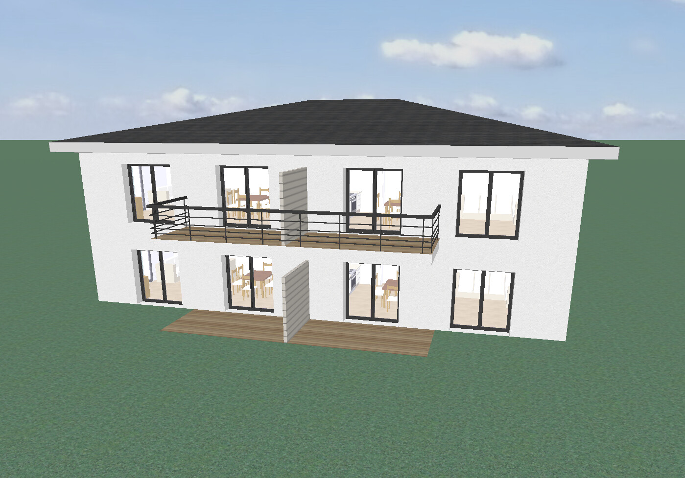 Zweistöckiges modernes Hausmodell mit Balkon, Terrasse und großen Glasfronten