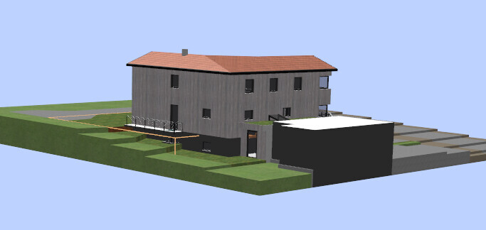 Zweistöckiges Haus mit rotem Ziegeldach, grauer Fassade, Terrasse, Garten und Garage.