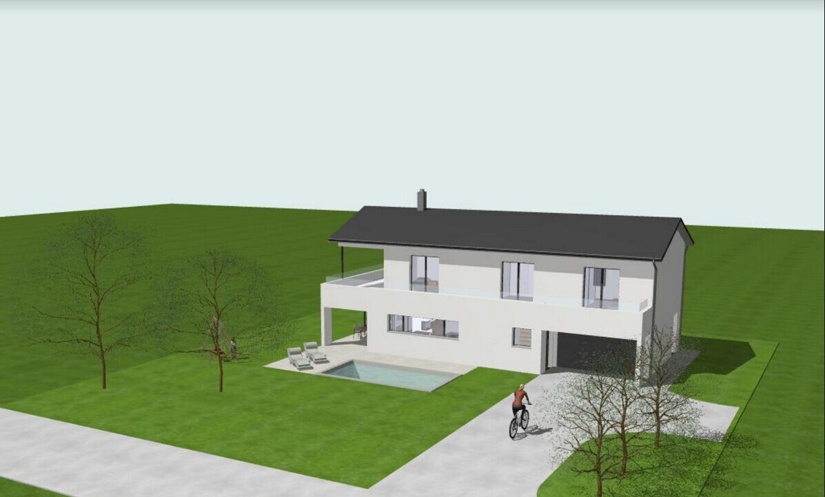 Moderner zweistöckiger Bau mit Balkon, Pool, Liegen und Radfahrer auf der Zufahrt.