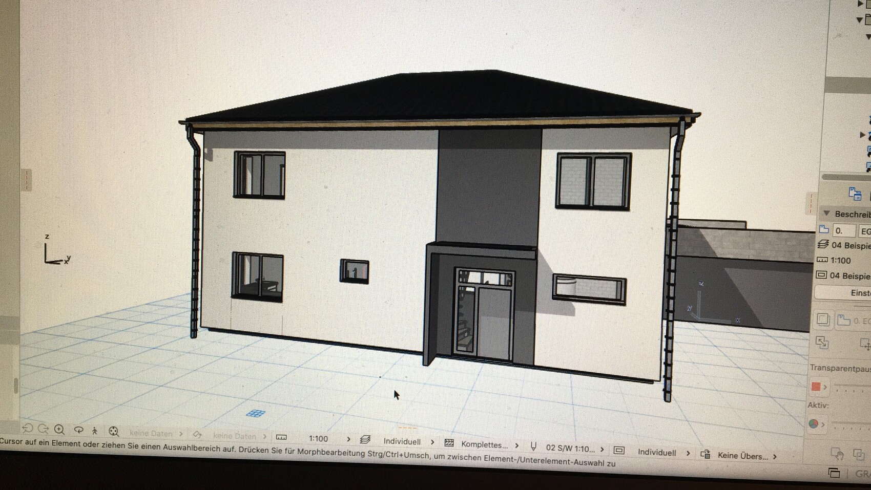 Zweistöckiges Hausmodell mit weißer Fassade, grauer Mittelwand, dunklem Walmdach und Glastür.