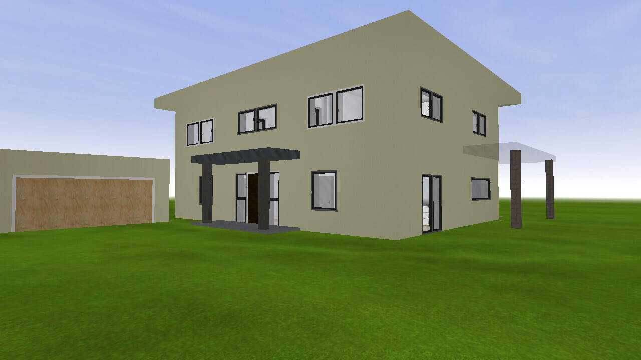 Zweistöckiges, hellbeiges Haus mit Vordach, viele Fenster, Garage links, Carport rechts auf Rasen.