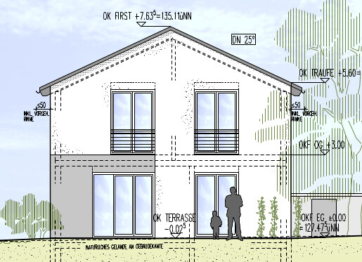 Zweigeschossiges Haus mit Terrasse, Balkonfenstern und Silhouetten einer Familie vor dem Eingang.