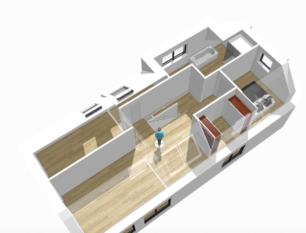 3D-Grundriss einer Wohnung: Flur mit Treppe, Badezimmer mit Badewanne, Schlafzimmer mit Bett.