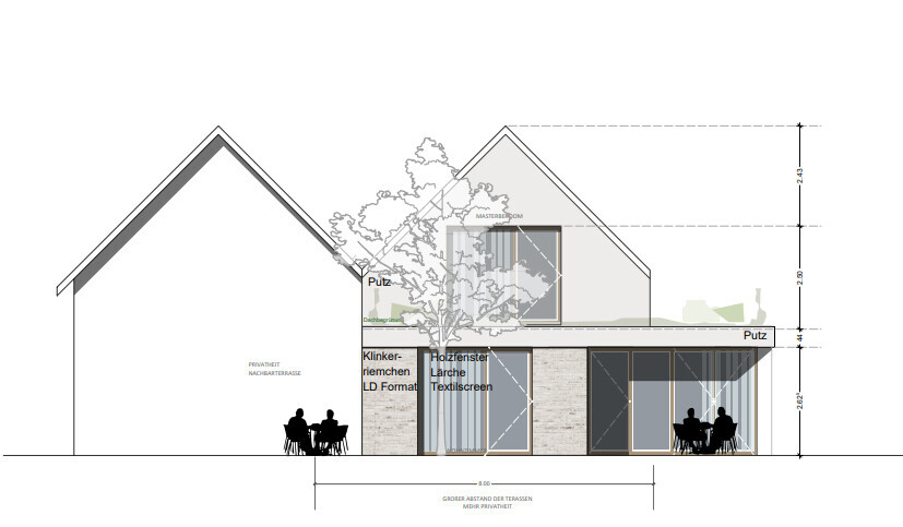 3D-Architekturzeichnung eines modernen Hauses mit Terrasse und Baum.