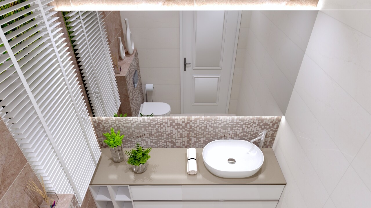 Modernes Badezimmer mit Waschtisch, Spüle, Mosaikfliesen, zwei Pflanzen, Handtuch, Toilette.