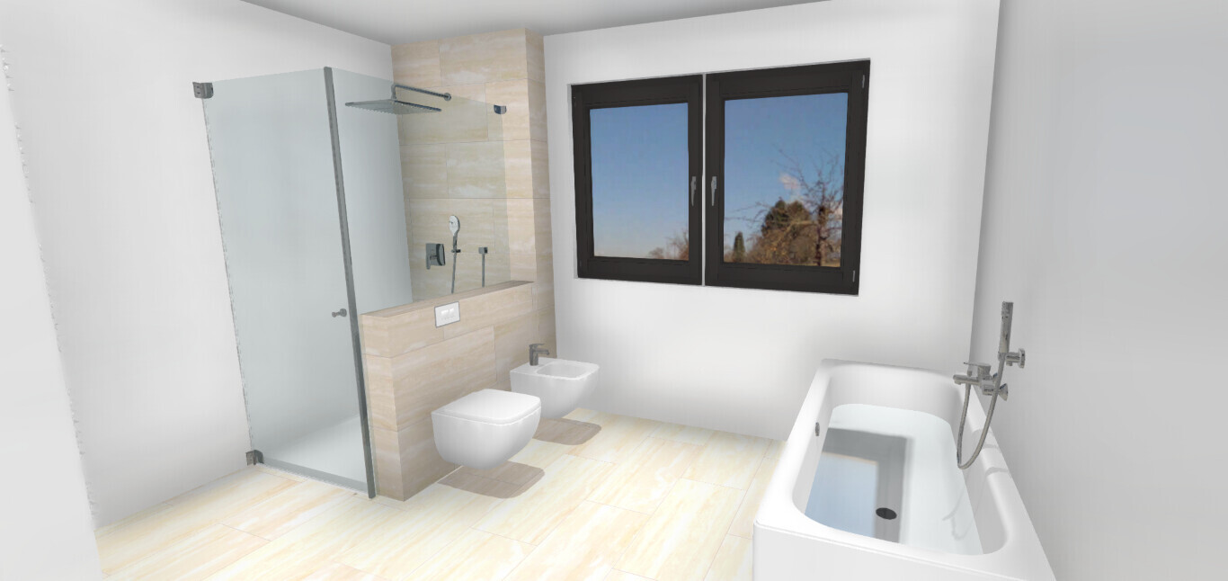 Modernes Badezimmer mit Glasdusche, WC, Bidet, Badewanne und Fenster