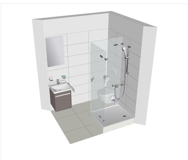 3D-Badezimmer mit Waschbecken, Spiegel und Glas-Duschkabine.
