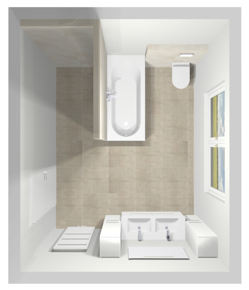 Draufsicht eines modernen Badezimmers: Badewanne, Doppelwaschtisch, Toilette, Fenster.