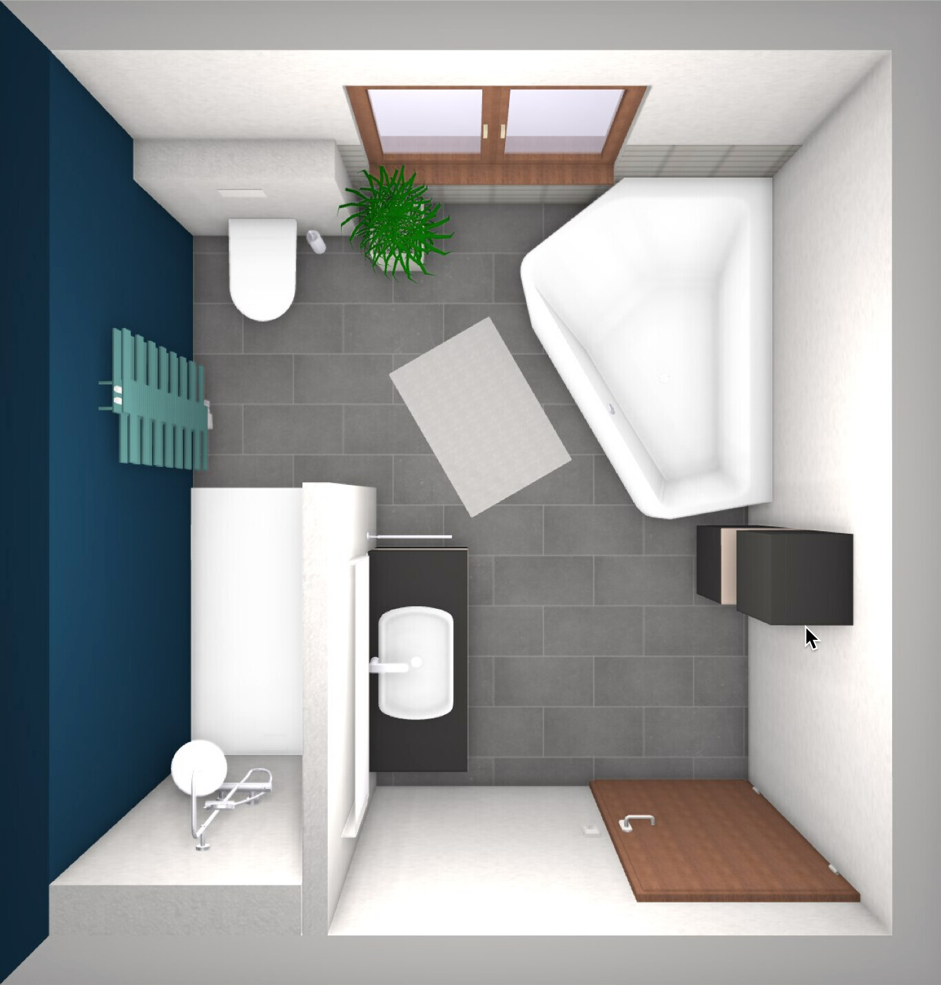 Draufsicht auf Bad: Badewanne rechts, Waschbecken links, Toilette, Dusche, Pflanze, Fenster.