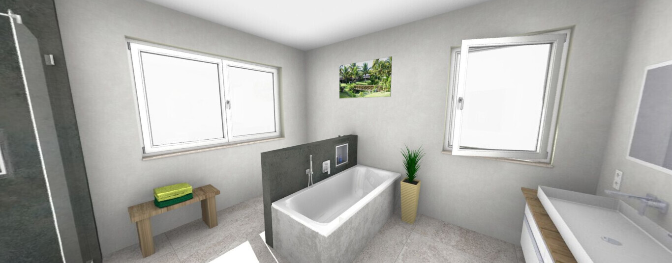 Modernes Badezimmer mit freistehender Badewanne, Dusche, Fenster, Pflanze und Holzbank.
