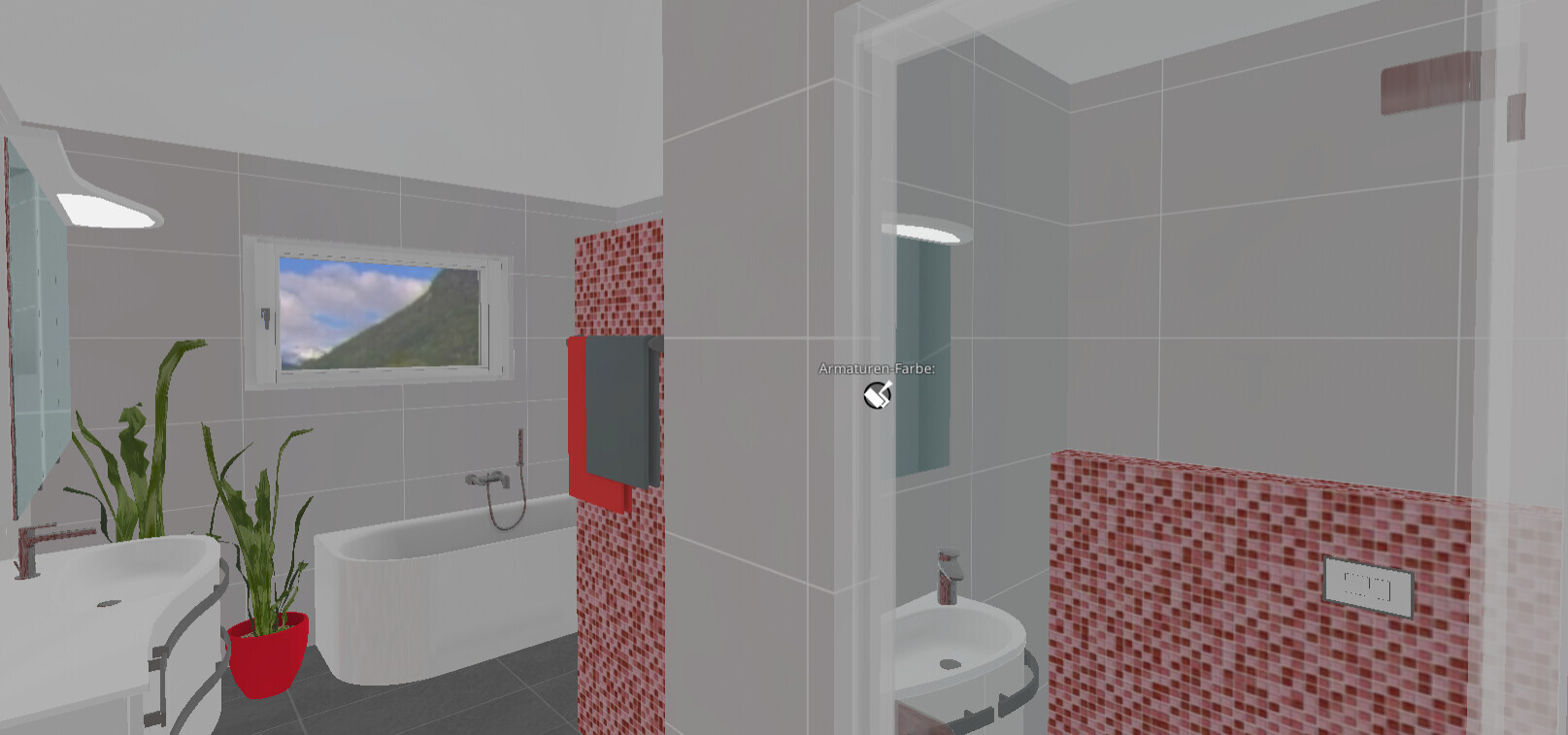 Modernes Badezimmer mit freistehender Badewanne, rote Mosaikwand, Fenster mit Bergsicht und Pflanzen.
