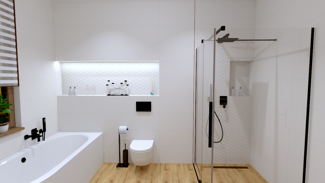 Modernes Badezimmer: weiße Fliesen, Badewanne links, Toilette, Glasdusche rechts, Holzboden.