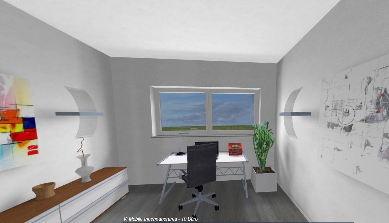 Modernes Büro mit weißem Schreibtisch, schwarzem Drehstuhl, Fensterblick, Pflanze rechts, Wandkunst.