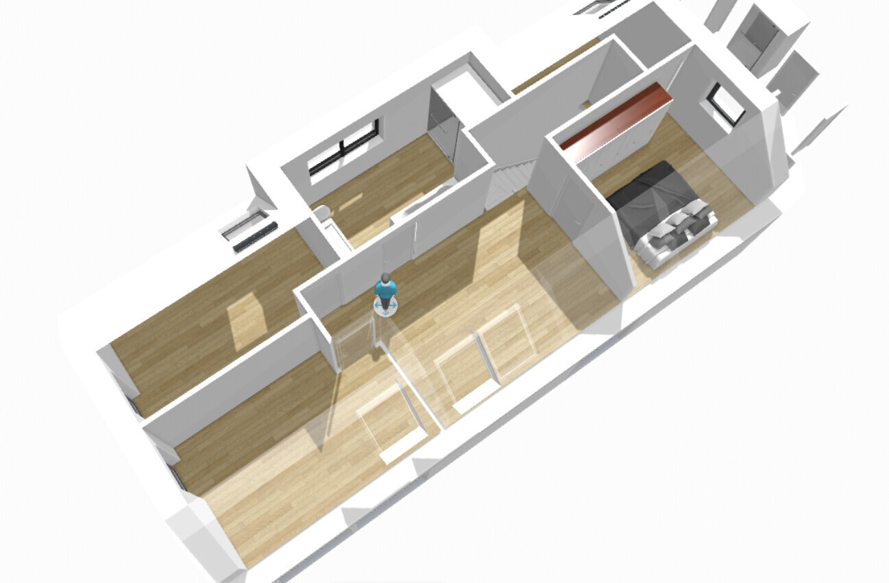 Isometrischer 3D-Grundriss einer Wohnung mit Schlafzimmer, Wohnbereich und Flur; Holzboden.